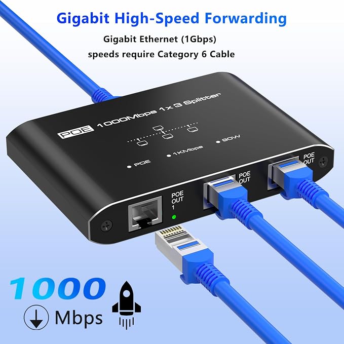 PoE Switch 1 in 3 Out, Gigabit 3 Port PoE Splitter, IEEE 802.3at/af Compliant - Image 7