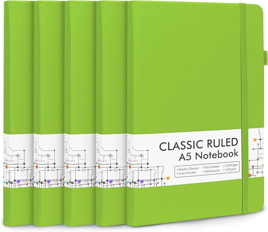 feela 5 Pack Notebooks Journals Bulk, Hardcover Notebook Classic Ruled Lined Journals with Pen Holder for Women Girls School Business Supplies, with 5 Black Pens, 120 GSM, 5.1”x8.3”, A5, Green