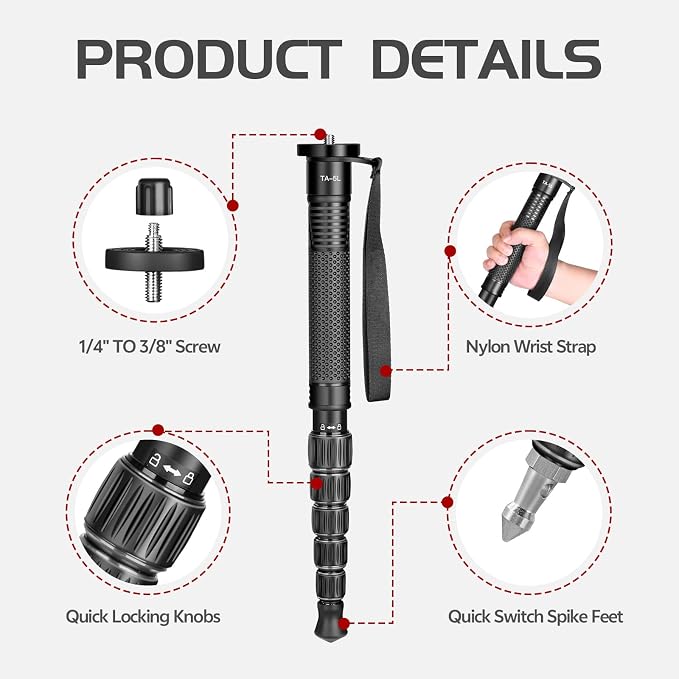 TONYBOO 61” Aluminum Camera Monopod, Lightweight & Portable, 5-Section Travel - Image 6