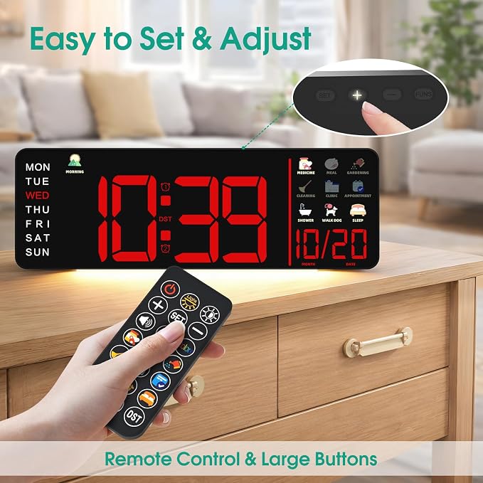 Hoifen Clock with Day and Date for Seniors, Remote Control, Night Light - Image 7