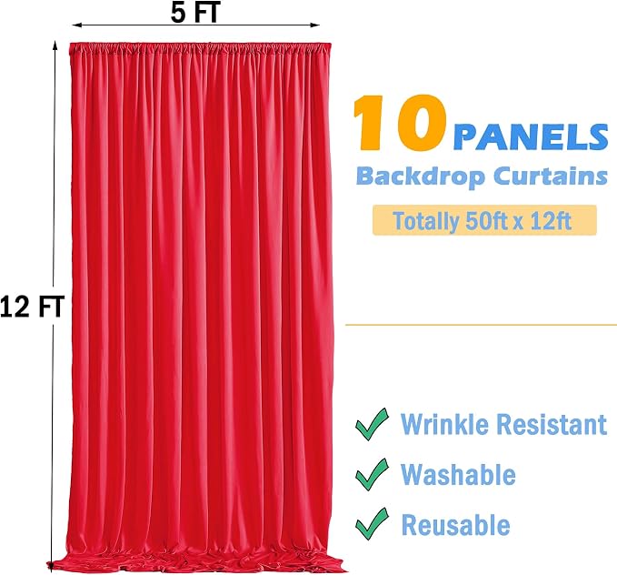 50ft x 12ft Wrinkle Free Red Backdrop Curtains - Image 6