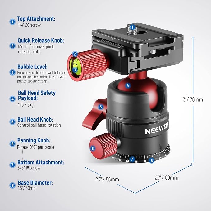 NEEWER Tripod Head, 360° Rotating Panoramic Ball Head - Image 8