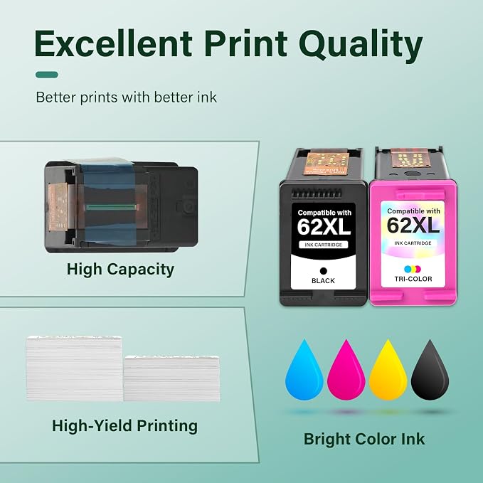62XL 62 Envy 7640 Ink Cartridges Black and Color Combo Pack Replacement - Image 6