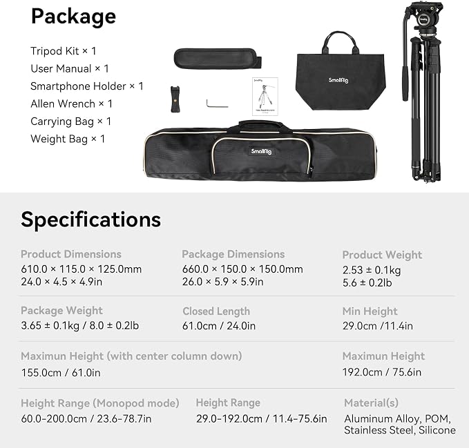 SmallRig CT210 Video Tripod, Professional Camera Tripod Compatible - Image 9