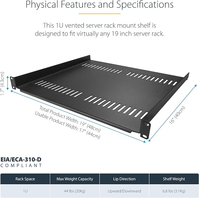 StarTech.com 2-Pack 1U Server Rack Shelf, Vented Rack Mount Cantilever Shelf - Image 3