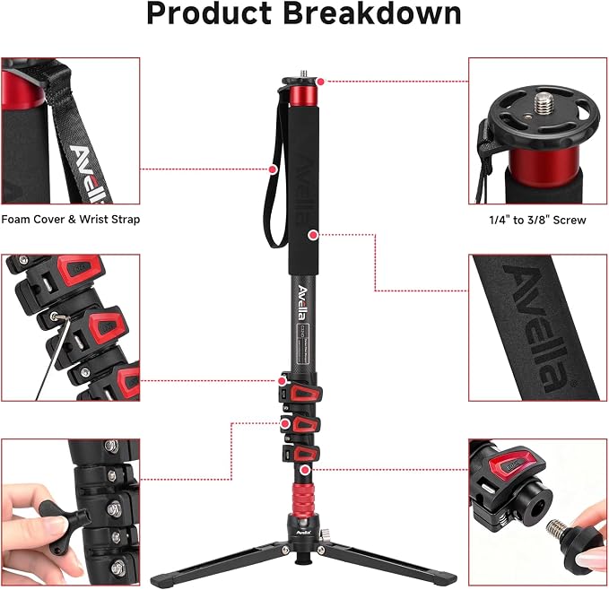 Avella C324D Carbon Fiber 67 Inch Camera Monopod Professional Telescopic Video - Image 2