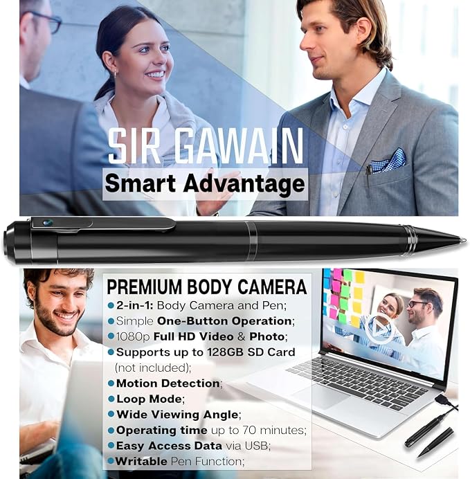 SIRGAWAIN Premium Body Camera Pen — Full HD 1080p Video & Photos, Motion - Image 2