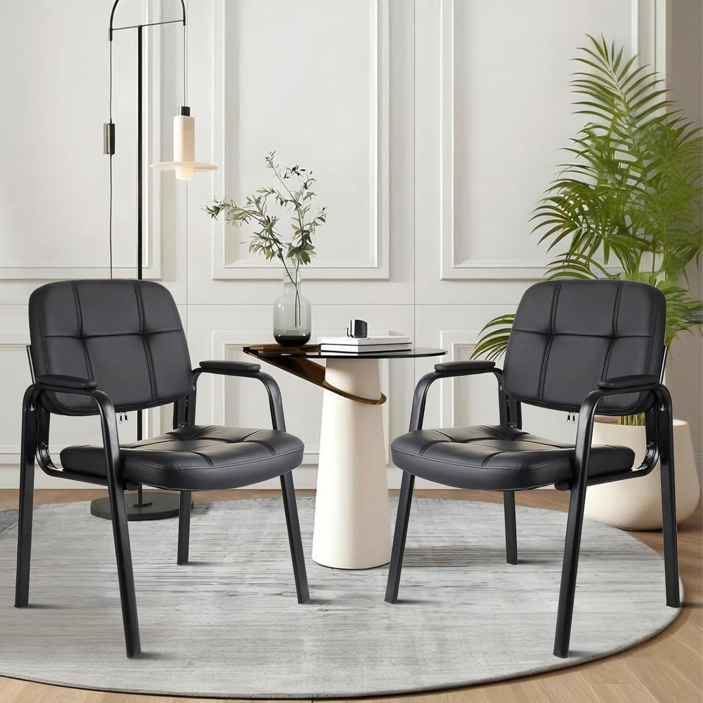 CLATINA Waiting Room Guest Chair with Bonded Leather Padded Arm Rest for Office Reception and Conference Desk Black 2 Pack