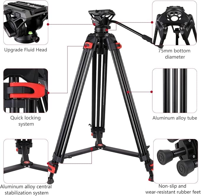 COMAN 74.4" Video Tripod, Heavy Duty Camera Tripod - Image 7