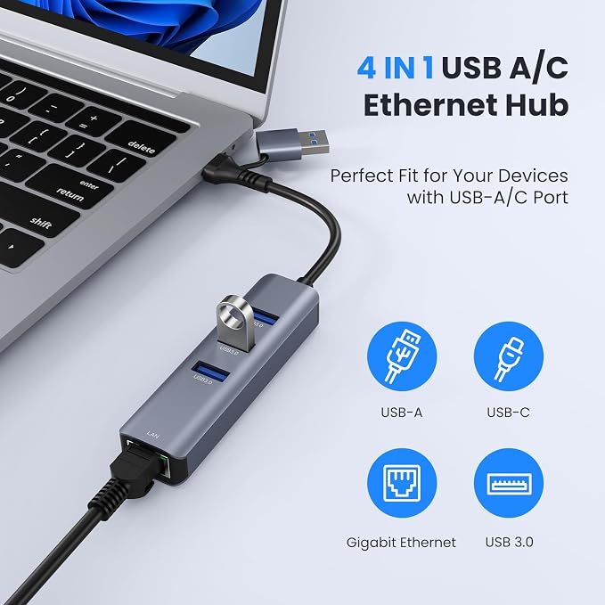 USB to Ethernet Adapter, ABLEWE USB 3.0/USB C to RJ45 Gigabit LAN Network - Image 3