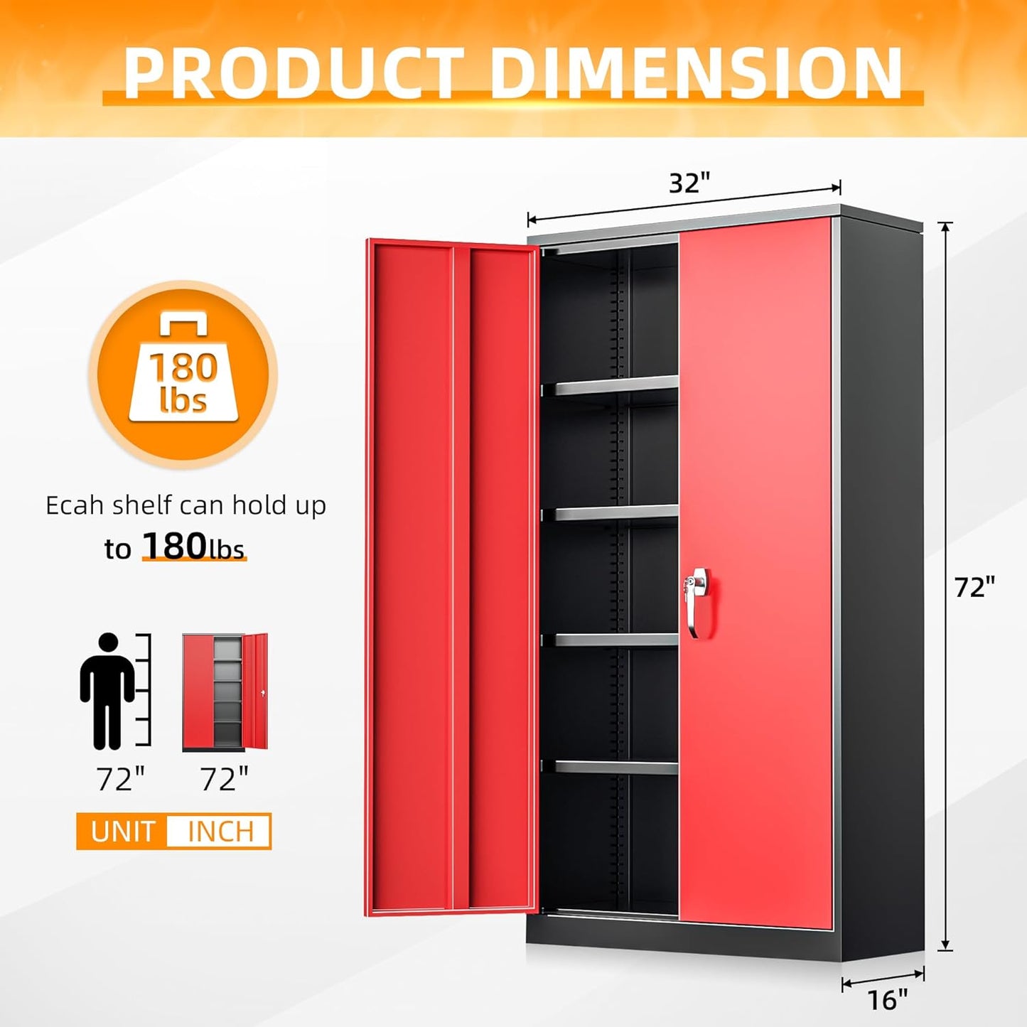 INTERGREAT Garage Storage Cabinet with Lockable Door, 72" H Metal Locking Cabinets with 4 Adjustable Shelves,Black Red Steel Cabinets Storage for Home Office, Warehouse，School
