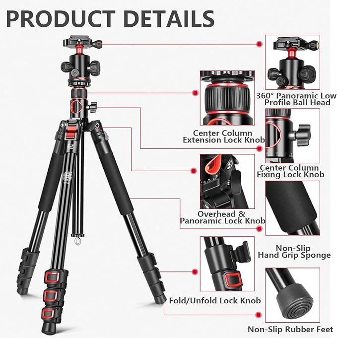 FreeSea 72 inch Camera Tripod, Transverse Center Column Aluminium DSLR Tripod - Image 5