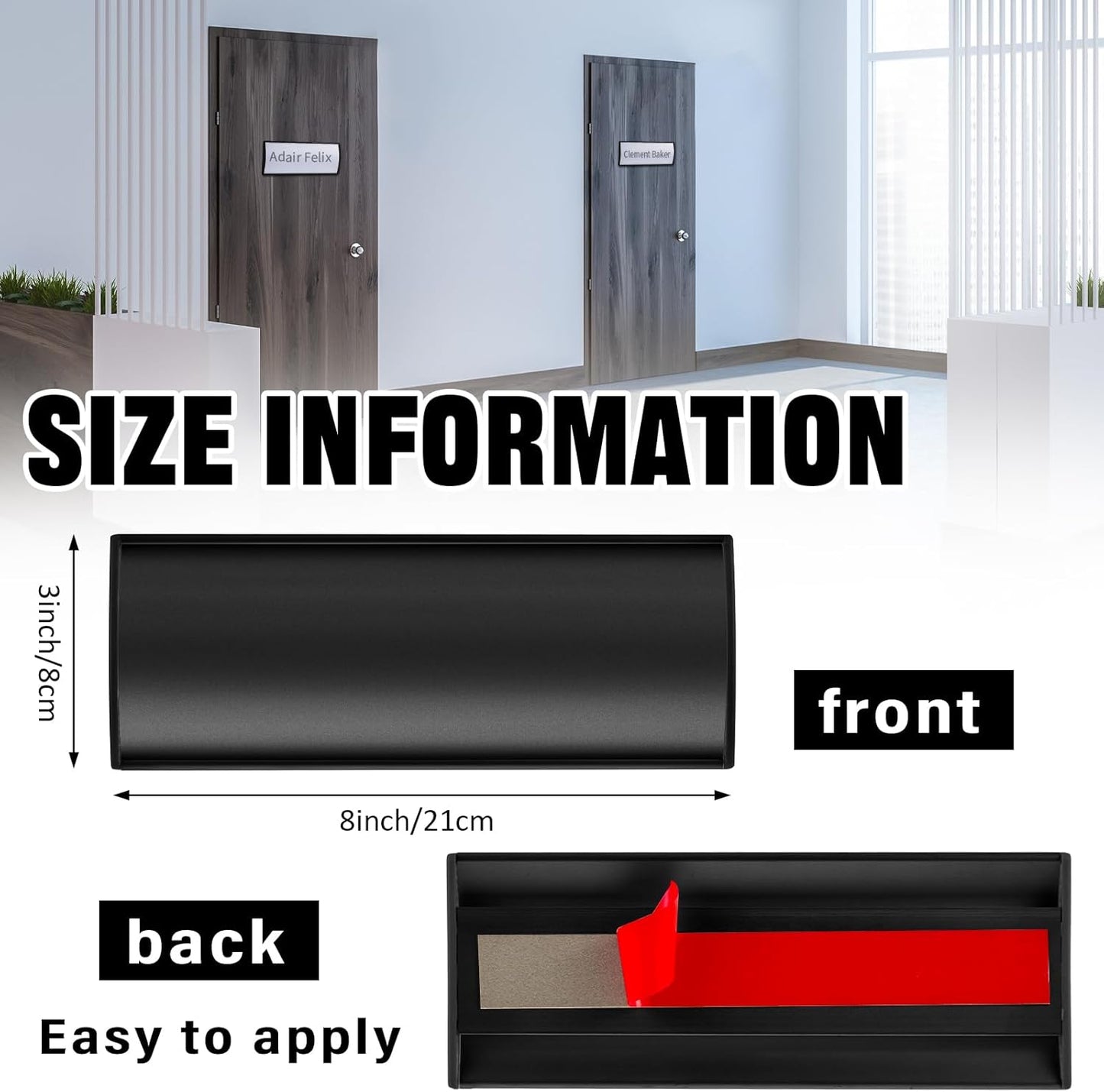 Therwen 6 Pcs Aluminum Office Name Plate Holder for Door Wall Mount 8'' x 3'' Business Sign Holder Office Door Sign Sturdy Curved with Plastic Film and Adhesive Tape (Black)