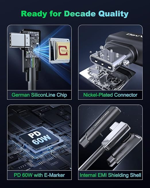 Long Tether Cable 33FT, USB C Fiber Optic Cable Right Angle, PD 60W & 10Gbps - Image 4