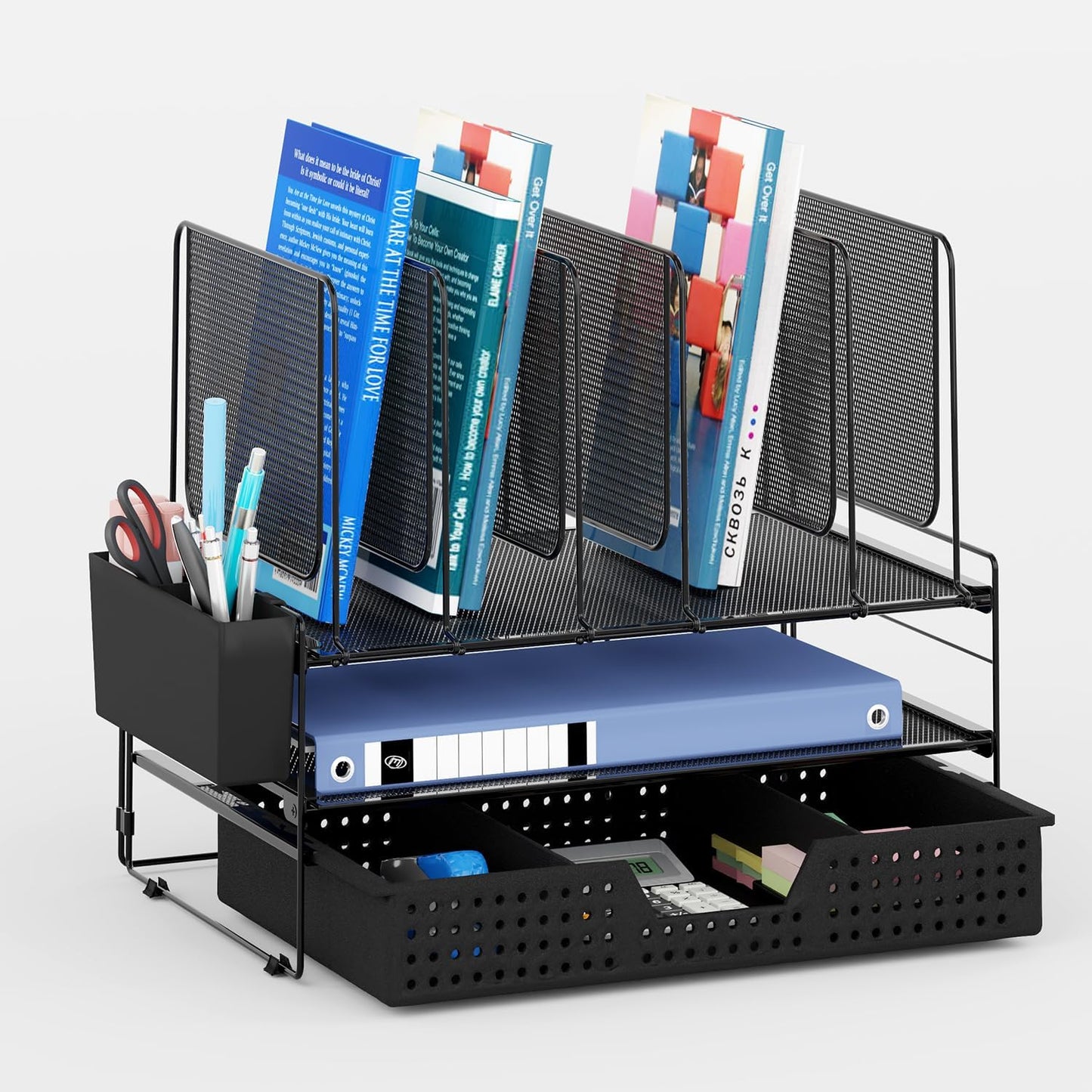 Desk Organizer, Office Organization with Vertical File Holder, File Organizer with Drawer and Pen Holder, Desk Accessories and Workspace Organizers for Home Office (Black)