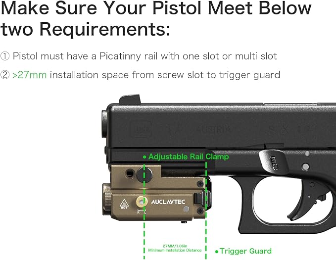AUCLAYTEC Pistol Flashlight Red Laser Combo 420 Lumens Pistol Light Recharge - Image 6