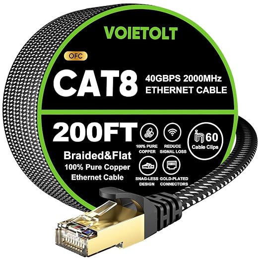Cat 8 Ethernet Cable 200 FT Flat, High Speed 40Gbps 2000Mhz Braided Internet by EthernetCable
