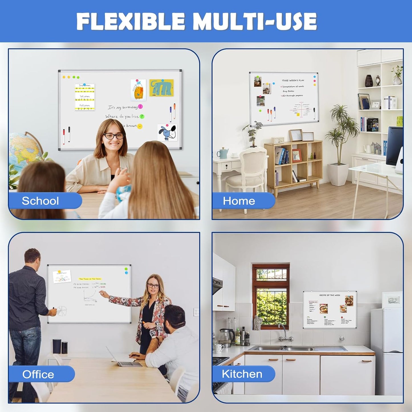 WALGLASS Large Whiteboard, 48" x 36" Double-Sided Large Dry Erase White Board for Wall, Hanging Whiteboard with Silver Aluminium Frame for Home, School, Office, Kitchen