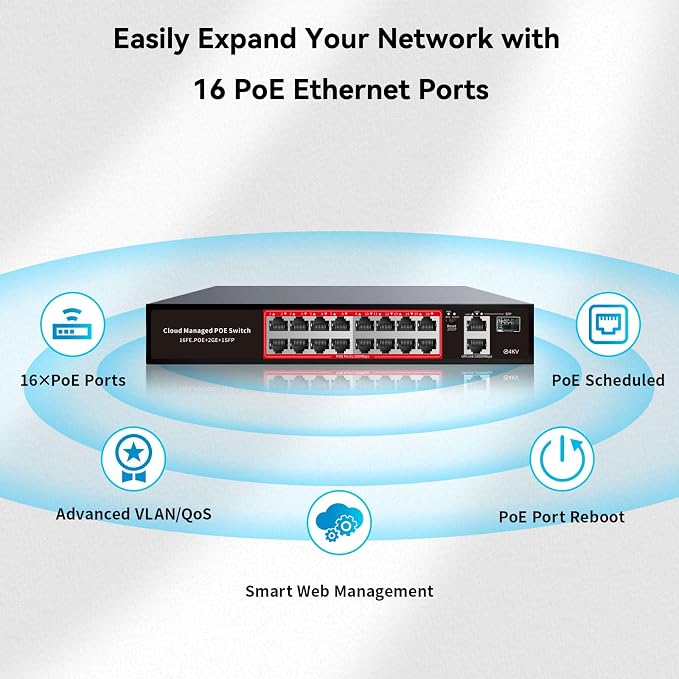PoE Switch, 16 Port Managed POE+ Ethernet Switch, 240W Built-in Power, Support - Image 8