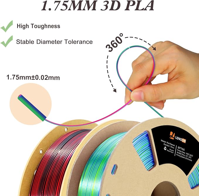 LOVOON Silk PLA Filament 1.75mm, 2KG Bundle 3D Printer Filament, 3D Printing - Image 5