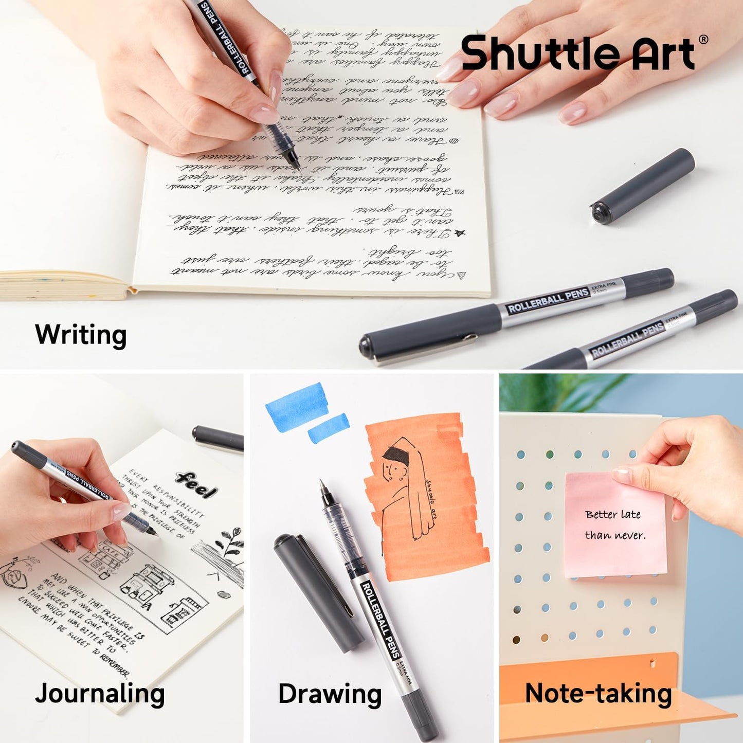 Shuttle Art Rollerball Pens, 10 Pack 0.5mm Extra Fine Point Black Liquid Ink Pens, Quick Drying & Long Lasting Pens Black Ink for Writing, Journaling, Notes Taking, School Office Supplies