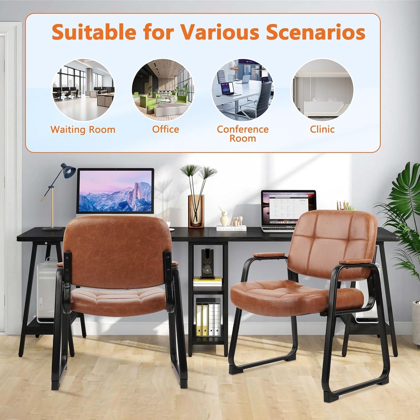 CLATINA Big & Tall 500 lbs Waiting Room Chairs with Padded Armrests and Sled Base, Leather Stationary No Wheels Office Guest Chair for Reception Lobby Home and Meeting Conference, Brown (8 Pack)