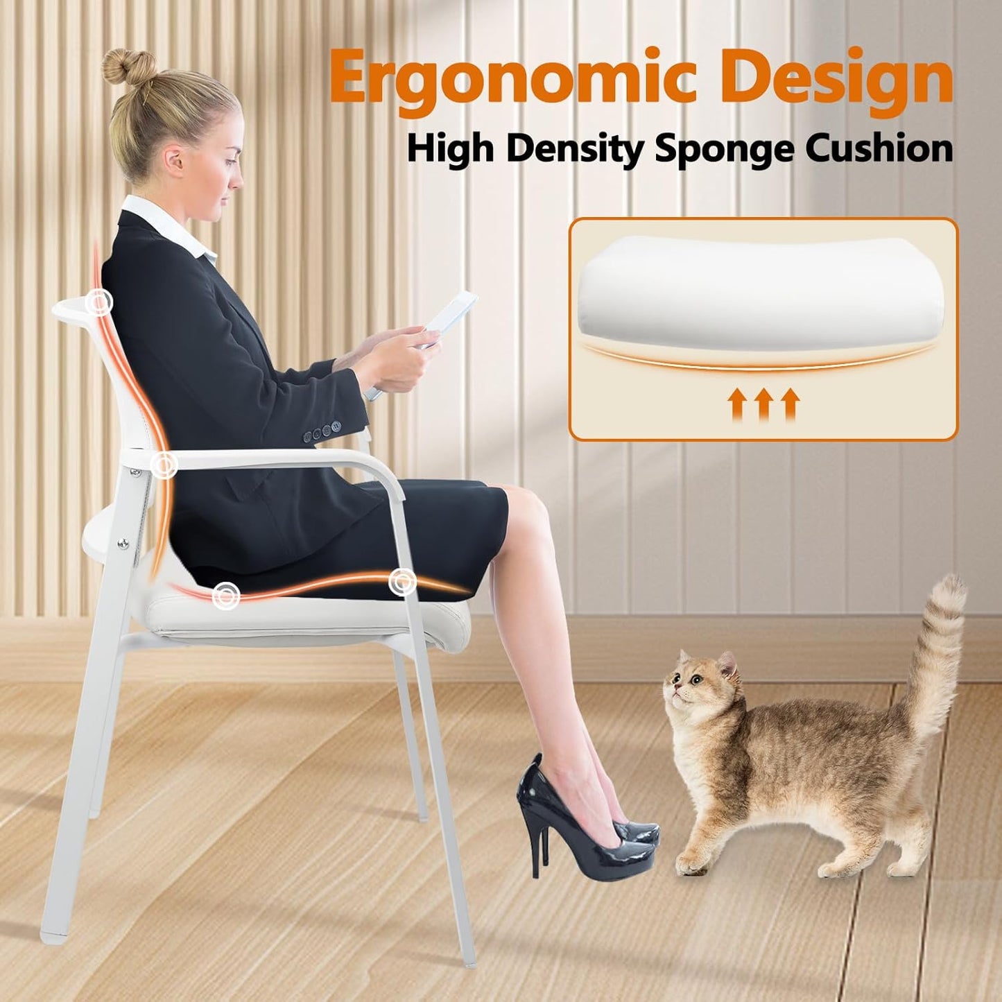 CLATINA Stacking Office Chairs | Mesh Back, Thicken Leather Seat and Arms, Ergonomic Lumbar Support | Guest Reception, Waiting, Conference, School, Party, Customer, Side, Stationary | Set of 2, White