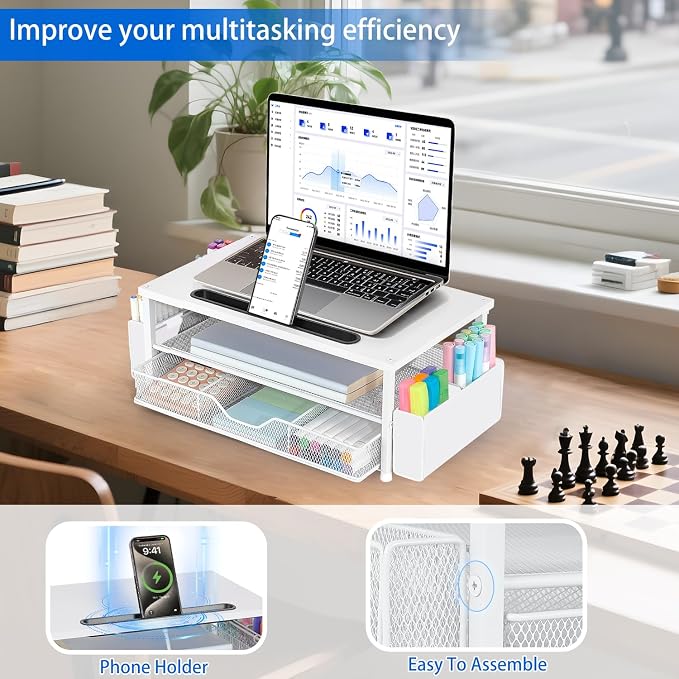 AUPSEN White Monitor Stand Riser, 2-Tier Wood Computer Desk Organizer - Image 3