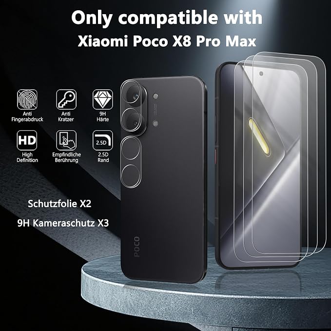 3+2 Pack for Xiaomi Poco X8 Pro Max Screen Protector, Tempered Glass + Camera - Image 2