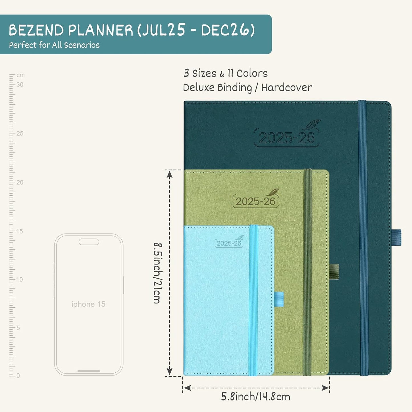 BEZEND Planner 2025-2026 Weekly and Monthly, 5.8" x 8.5" Academic Calendar (Jul 25-Dec 26) Vertical Daily Appointment with Hourly Timeslot & Monthly Tab, PU Leather Hardcover - Turquoise