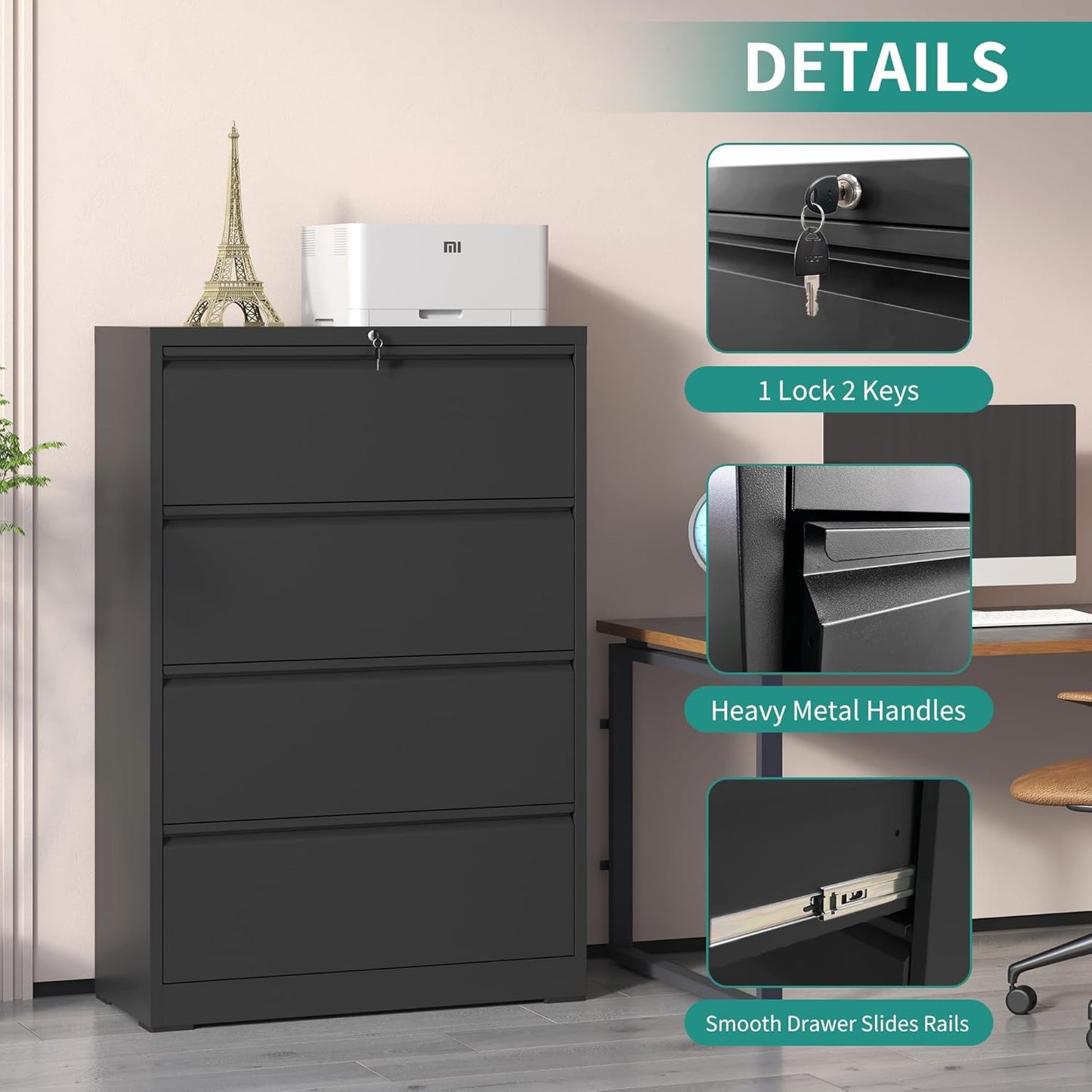 4 Drawer Lateral File Cabinet, Metal Filing Cabinets for Home Office, Steel Storage Wide File Cabinet for Letter/Legal/F4/A4 Size with Hanging Bars, Assembly Required (Black)
