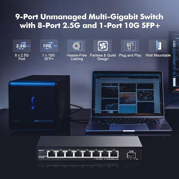 8 Port 2.5G Switch with 10G SFP+, 2.5Gbps Network Hub Ethernet Splitter - Image 2