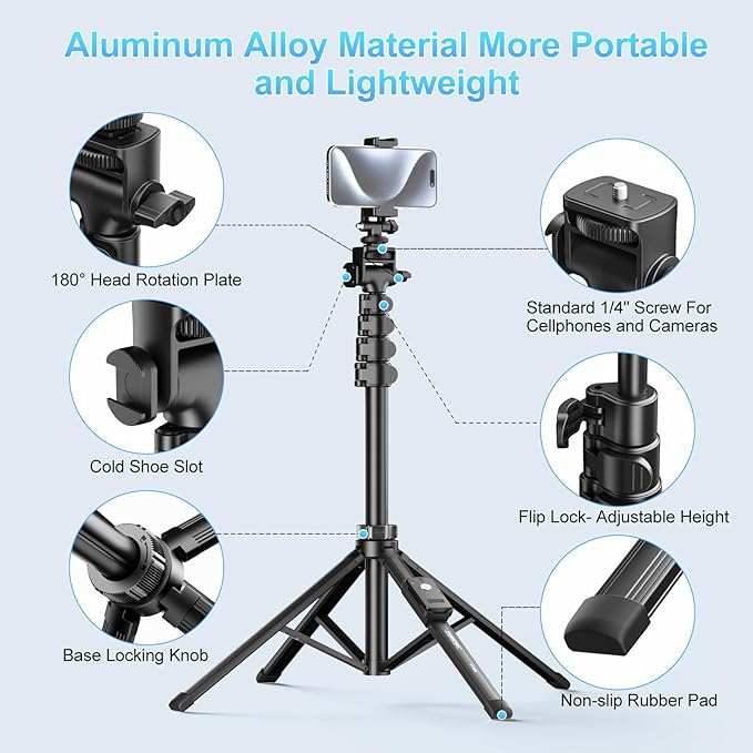 Fugetek 62" Professional Cell Phone Tripod, Ultra Stable 4 Leg Design, 100% All - Image 3