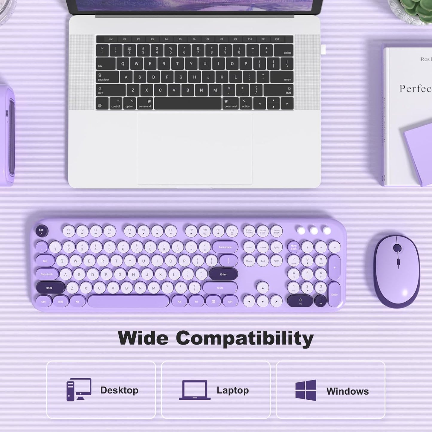 Wireless Keyboard and Mouse Combo, MOWUX Full Size Typewriter Retro Round Computer Keyboard, Cute Optical Mouse Wireless, Plug and Play, for Laptop, PC, Computer- Violet Field