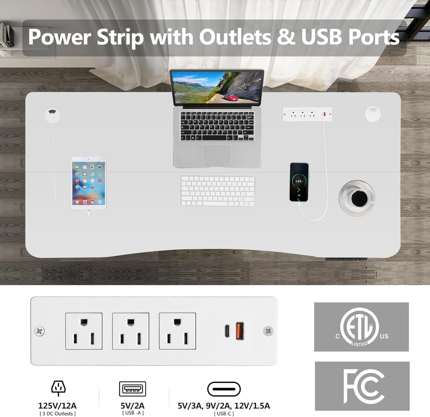 Electric Standing Desk 63 x 24 Inches Adjustable Height Ergonomic Sit Stand Up Desk Curved for Home Office Computer Workstation with 2 USB Ports 3 Power Outlets Memory Preset Wheels, White