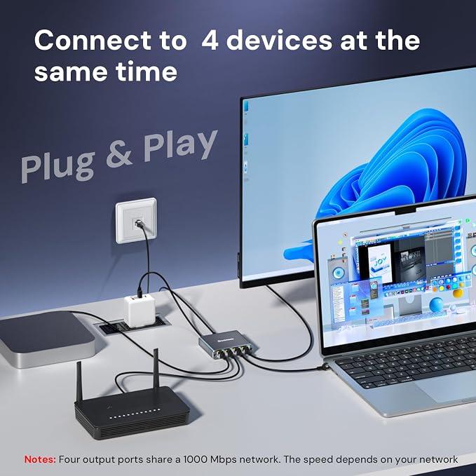 Ethernet Splitter 1 to 4 1000Mbps, Dockteck Internet Cable Splitter 1 in 4 Out - Image 5