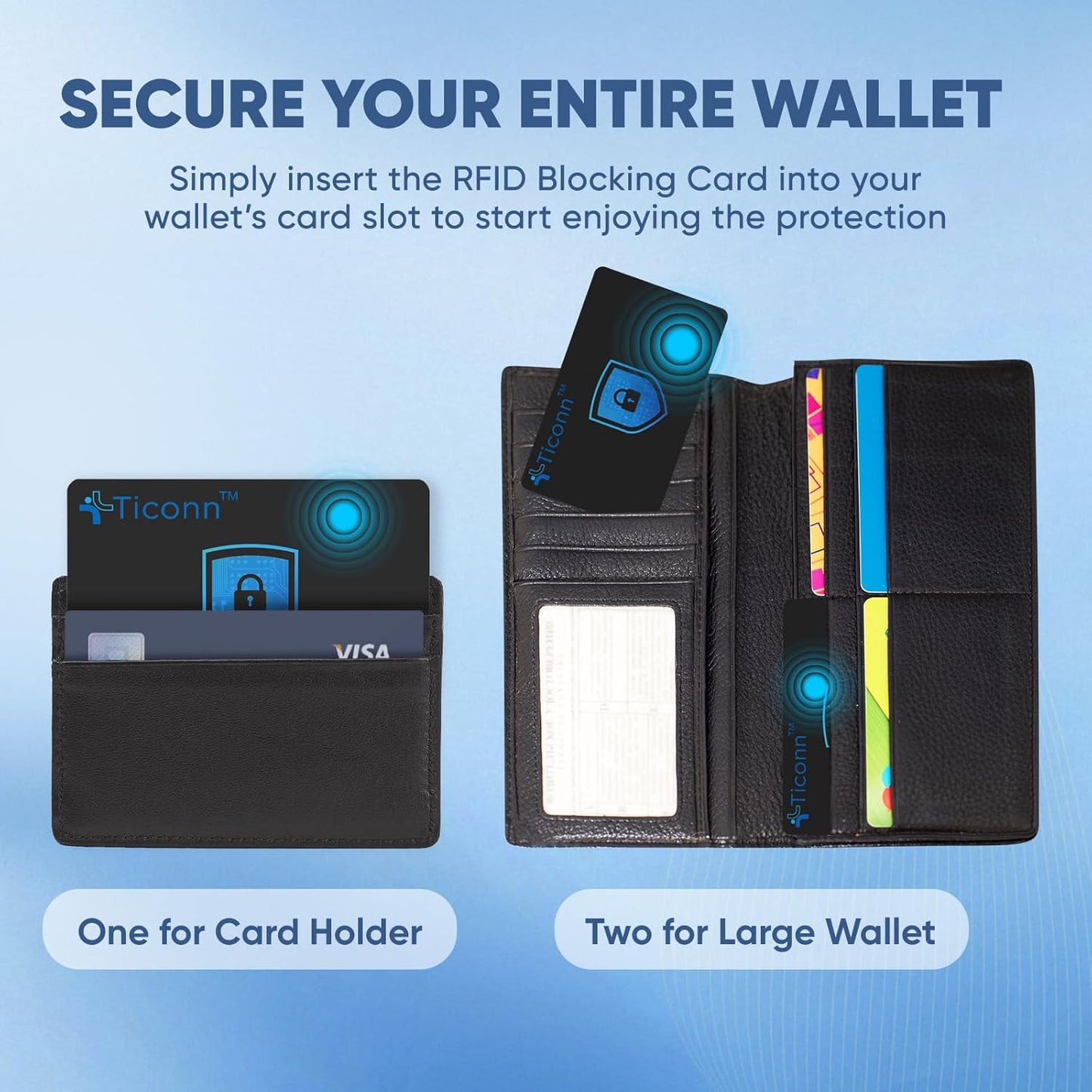 TICONN RFID Blocking Cards - 2 Pack, Premium Contactless NFC Debit Credit Card Passport Protector Blocker Set for Men & Women, Smart Slim Design Perfectly fits in Wallet/Purse (2)