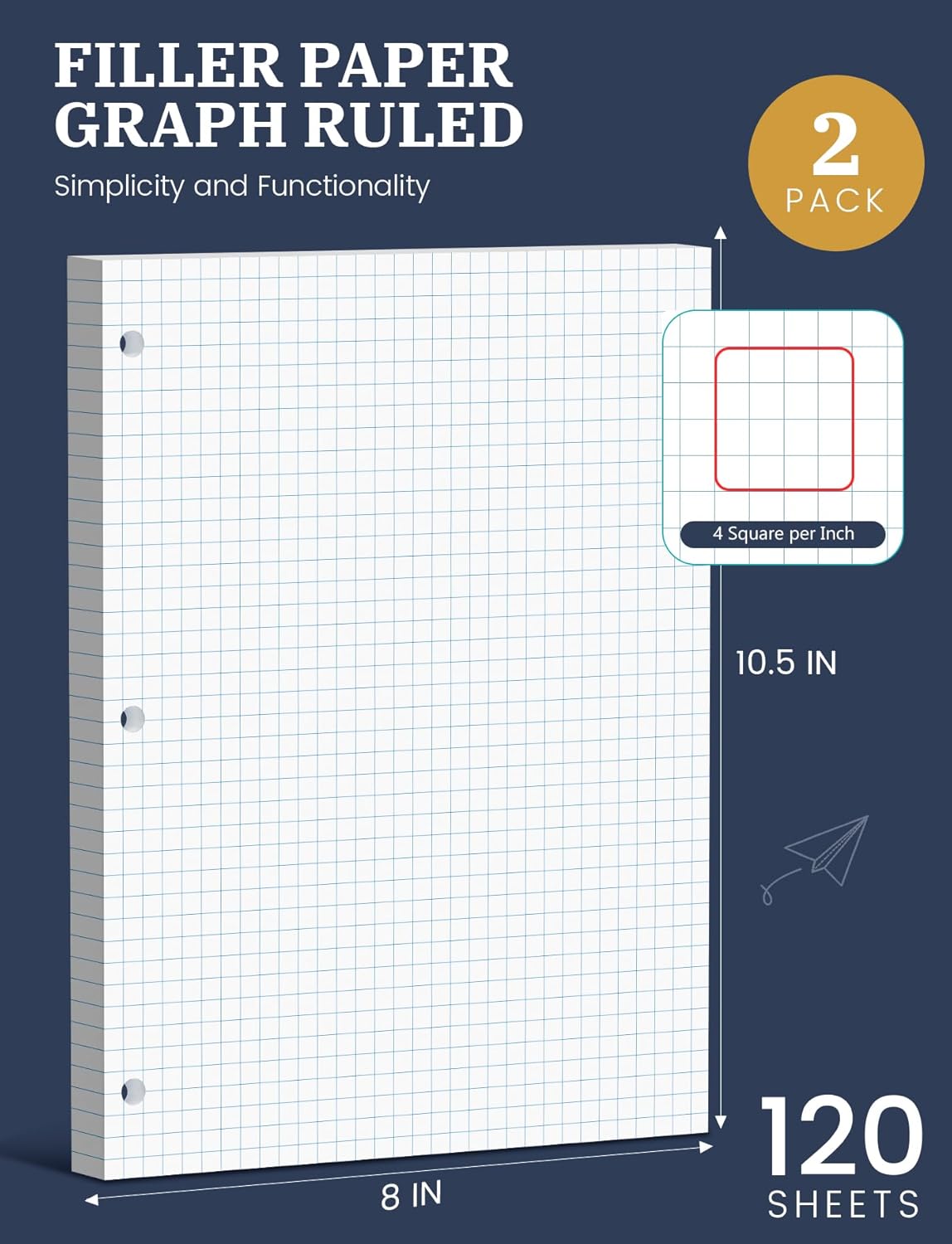 240 Sheets Loose Leaf Paper, 4x4 Graph Ruled, 8''x 10.5'' Filler Paper, 3-Hole Punched Binder Paper, Quad Ruled Graph Paper 8 x 10-1/2, Quadrille Graph Paper Loose Leaf Bulk with 3-Ring for Binder