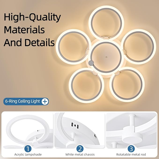 LED Ceiling Light, 6-Ring Modern Flush Mount Fixture, 77W Dimmable 3000K–6500K - Image 3
