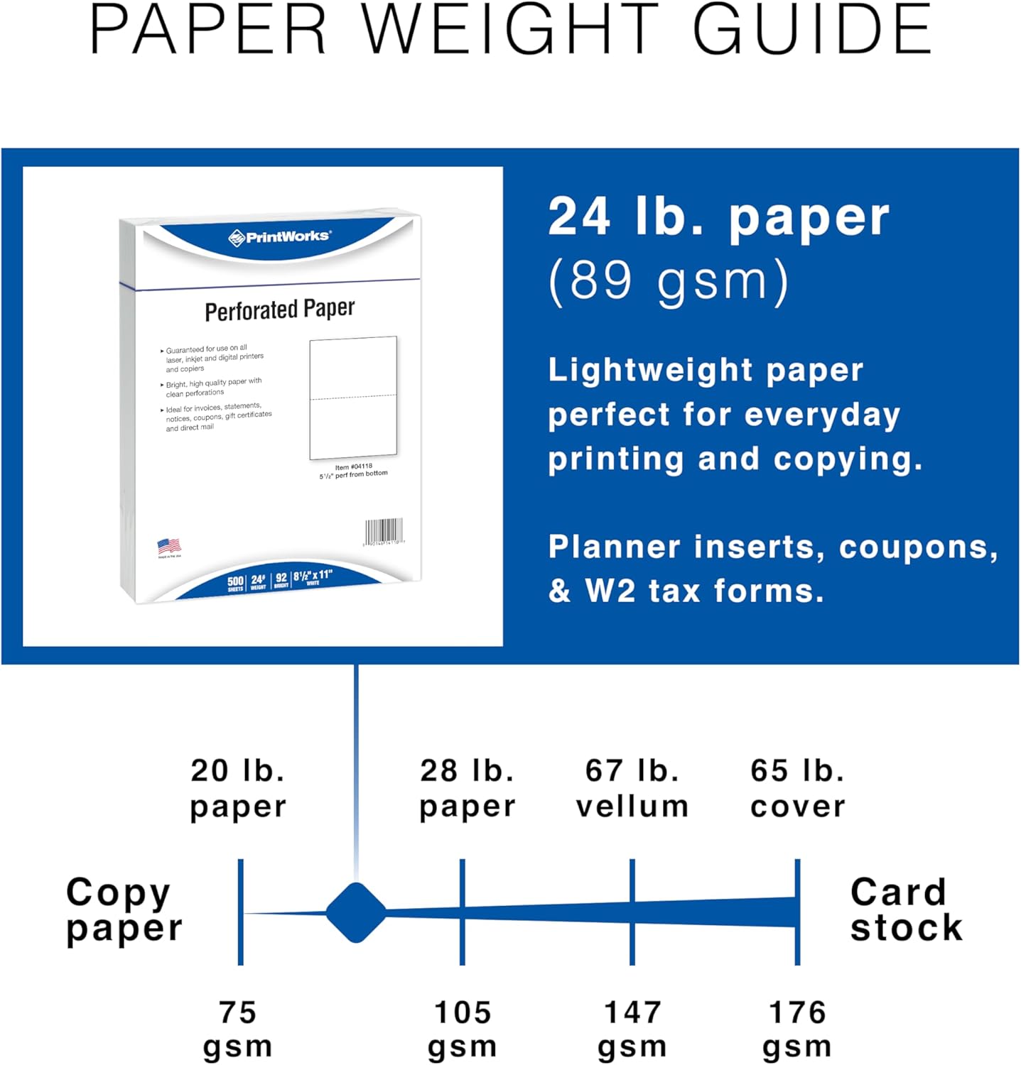 PrintWorks Professional Half Sheet Perforated Paper 8.5” x 11” - Perfect For W-2, 1099, & Statement Use - Made in the USA - 500 Sheets - 24 lb - A5 Paper - Printer Compatible - White (04118)