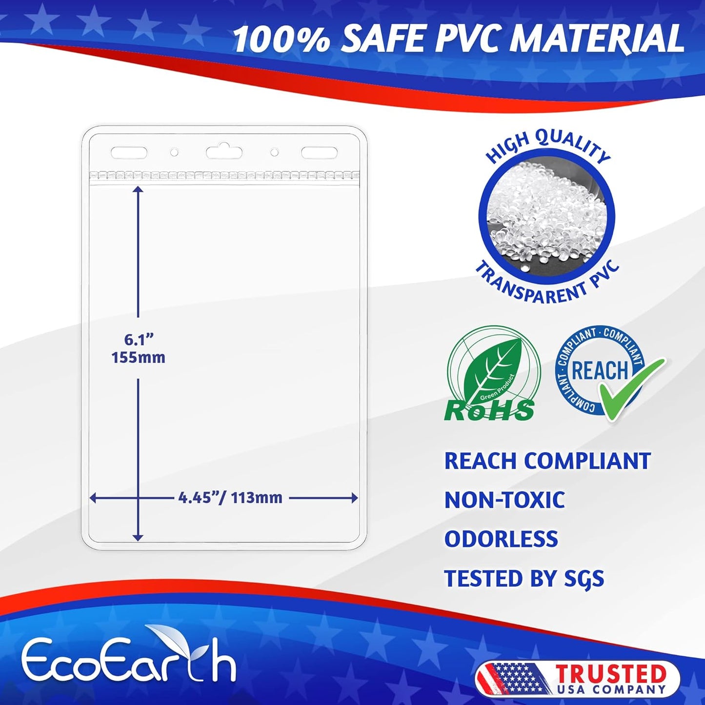 EcoEarth Passport & Identification Card Holders with Soft Edge (Clear, 4x6 Inch, 100 Pack), Extra Large Vertical ID Holder, Zipperless Plastic Name Badge Holders