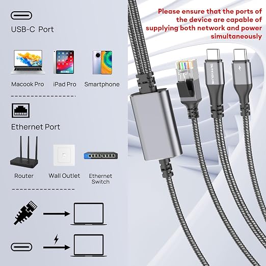 USB C to Ethernet Cable with Charging 6.6 Feet, USB-C Male 100W PD & Gigabit - Image 2
