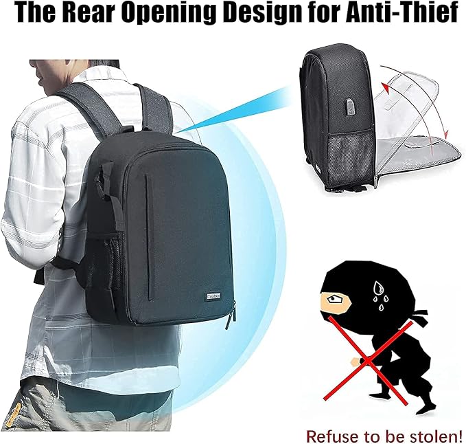 Cwatcun Camera Backpack with USB, Rain Cover, fit 15.6" Laptop, Anti-Theft Rear - Image 5