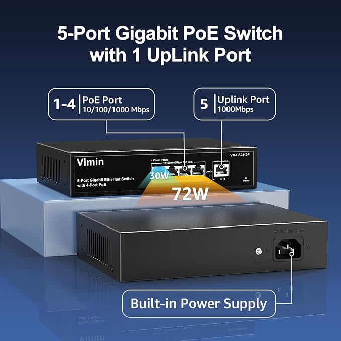 4 Port Gigabit PoE Switch with 1 Uplink Gigabit Ports, VIMIN 5 Port Unmanaged - Image 2