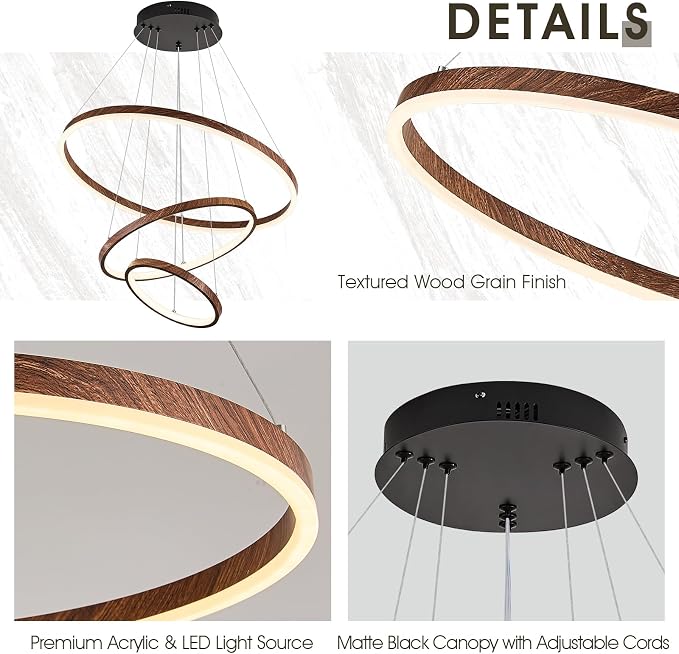 Modern LED Chandelier Dimmable 3 Ring Pendant Light - Image 6