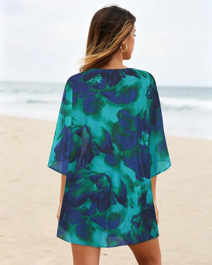 Women's Floral Print Puff Sleeve Kimono Cardigan Loose Cover Up Casual Blouse - Image 6