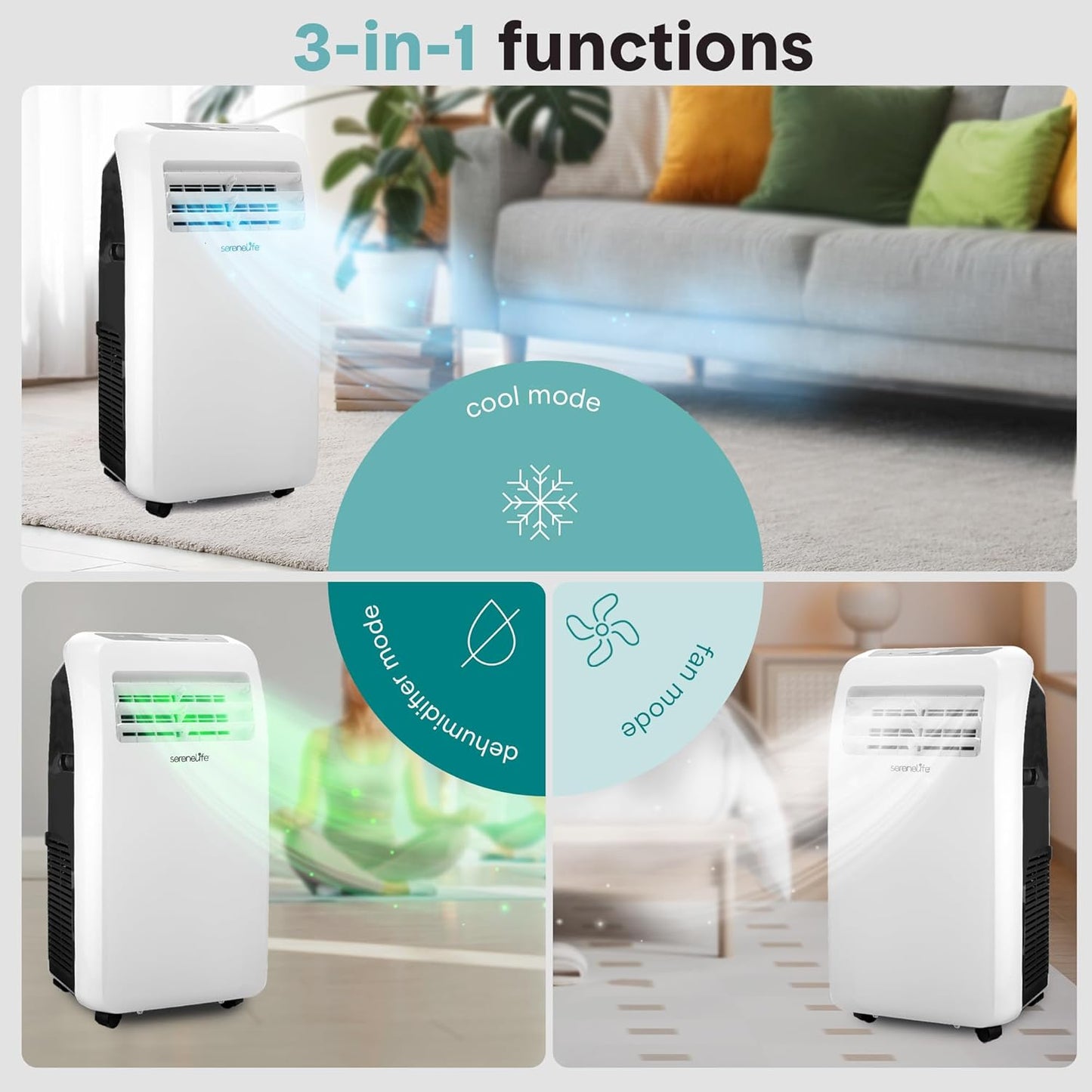 SereneLife SLPAC12.5 SLPAC 3-in-1 Portable Air Conditioner with Built-in Dehumidifier Function,Fan Mode, Remote Control, Complete Window Mount Exhaust Kit, 12,000 BTU, White