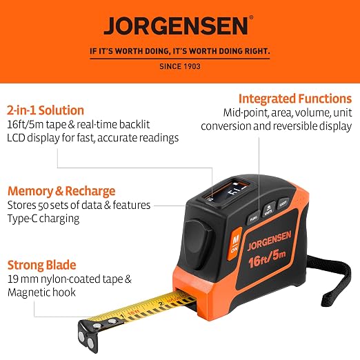 JORGENSEN Digital Tape Measure, 16Ft Rechargeable Digital Measuring Tape - Image 2