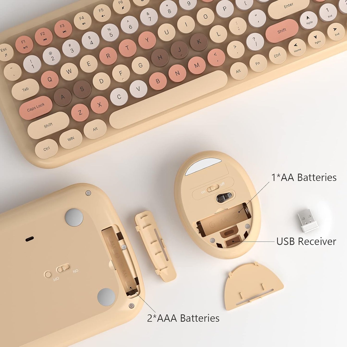 Wireless Keyboard and Mouse Combo, MOWUX - Modern Compact Layout, Colorful Compact Candy Mouse and Retro Round Keyboard Set with Cover, for PC/Laptop/Windows/Mac - Milk-Tea Colorful