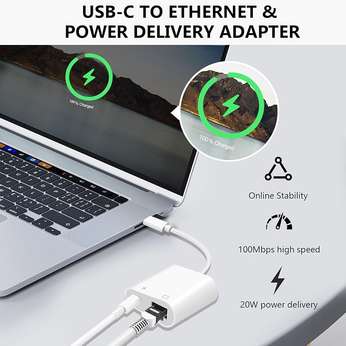 USB C to Ethernet Adapter, 2-in-1 USB C to RJ45 Ethernet Adapter - Image 5